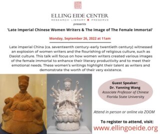 We hope you can join us for another fantastic upcoming lecture on Monday, September 26 starting at 11am. Attend in-person or online via ZOOM. 

Come listen to Dr. Yanning Wang from @floridastateuniversity discuss how women writers created various images of the female immortal to enhance their literary productivity and to meet their emotional needs. These women’s writings highlight their talent as writers and demonstrate the worth of their very existence. 

Sign up to attend in-person or online via ZOOM through Eventbrite, Facebook, or www.ellingoeide.org/upcoming-events

#EllingEide #Sarasota #Florida #Research #Preserve #Library #Lecture #China #Culture #Women #Writers #WomenEmpowerment #Religion #Daoist #Dao @visitsarasotacounty @srqartsalliance