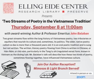 This Thursday at 11am - Come join award-winning author and translator, John Balaban, at the Elling Eide Center. His talk will feature Vietnamese Poetry. Afterward, come celebrate with us and enjoy a refreshing mimosa or glass of wine! The first  30 guests receive a free book! 

Learn more @ www.EllingOEide.org/Upcoming-Events 

@VisitSarasotaCounty @SrqArtsAlliance